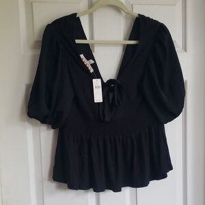 Dolan Black Short Sleeve Peplum Blouse with Sailor Collar